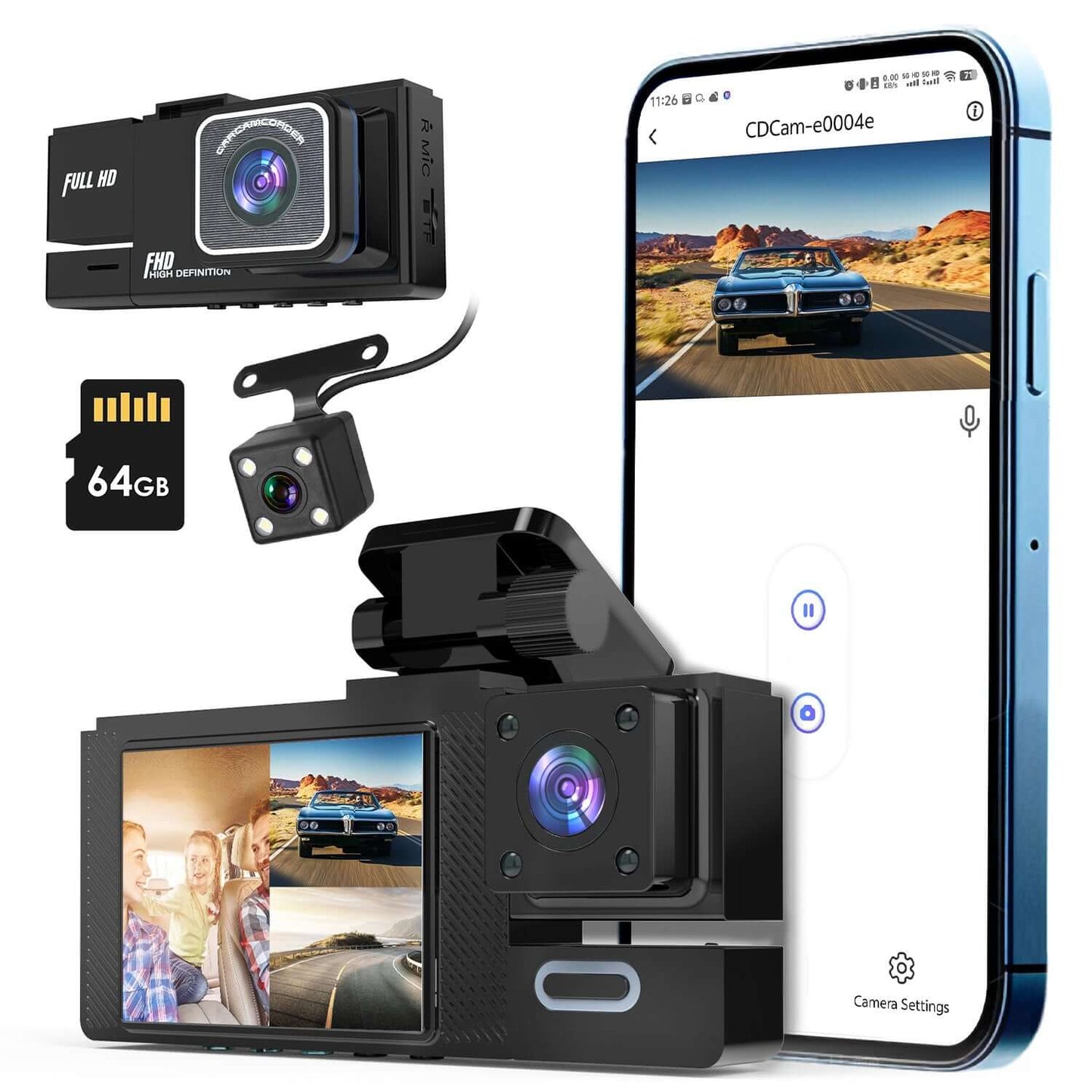3-Channel WiFi Dash Cam 1080P - Front, Rear & Cabin 1Pc WiFi FHD 1080P Car Dash Cam 3 Channe | Ectron Online