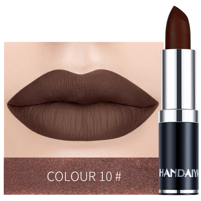 Moisturizing lipstick in dark brown, shade 10, with silver-and-black tube
