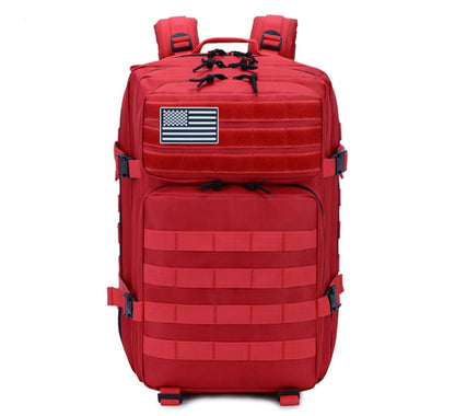 Red tactical backpack with padded straps, front panel, and rectangular flag patch