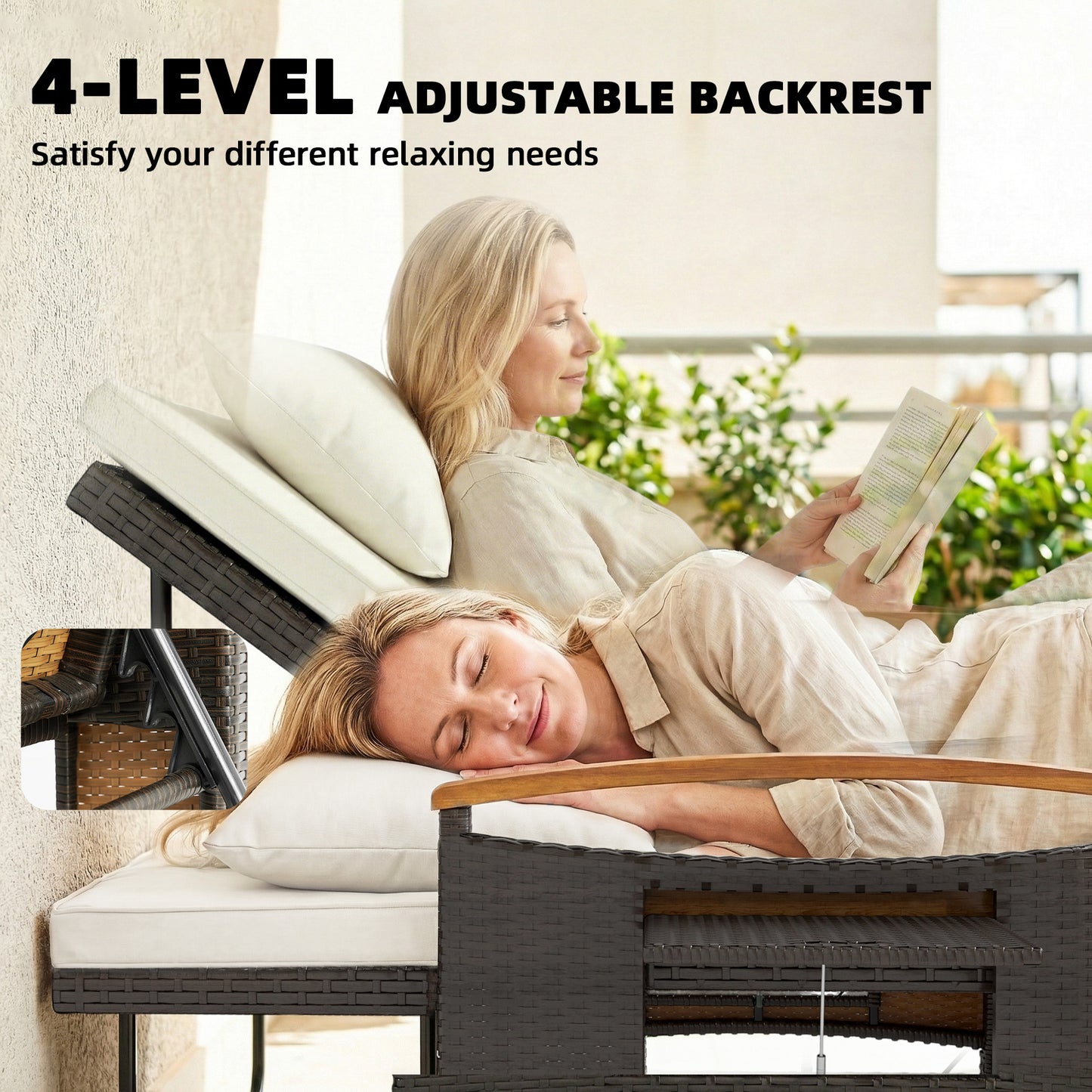 Rattan Outdoor Daybed with Adjustable Backrest | Acacia Wood Accents