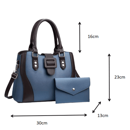 Blue tote bag with black accents and matching envelope pouch