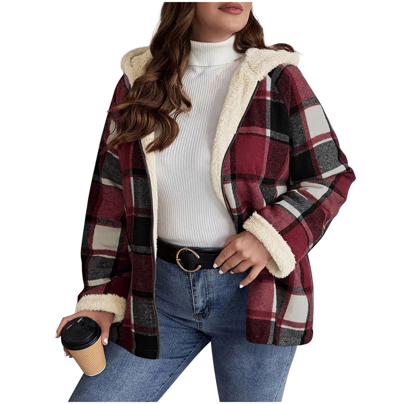 Women's Plaid Fleece-Lined Hooded Coat | Thickened Winter Jacket Plaid Printed Coat Fleece-lined Thickene | Ectron Online