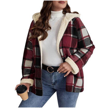 Women's Plaid Fleece-Lined Hooded Coat | Thickened Winter Jacket Plaid Printed Coat Fleece-lined Thickene | Ectron Online