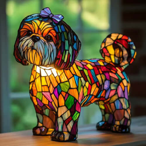 Colorful mosaic dog lamp with bow on head, standing with tail up