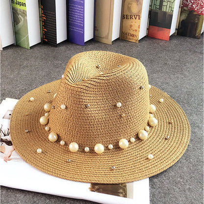 Outdoor Beach Flat Brim Straw Pearl Beaded Hat