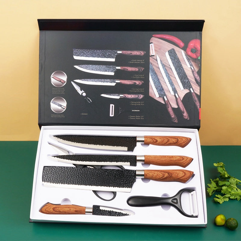 Kitchen knife set in black gift case, wood handles with textured steel blades
