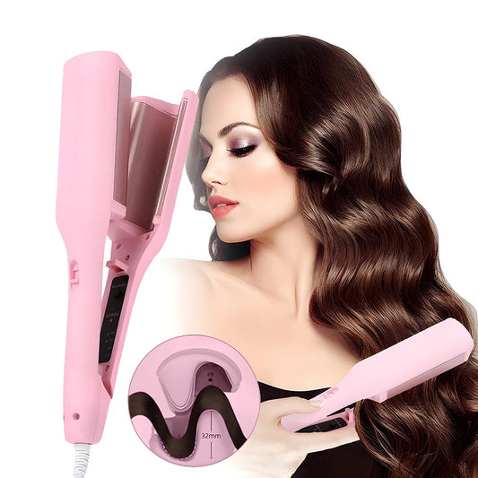 Pink hair straightener with a close-up of its design, used by a model with wavy hair.