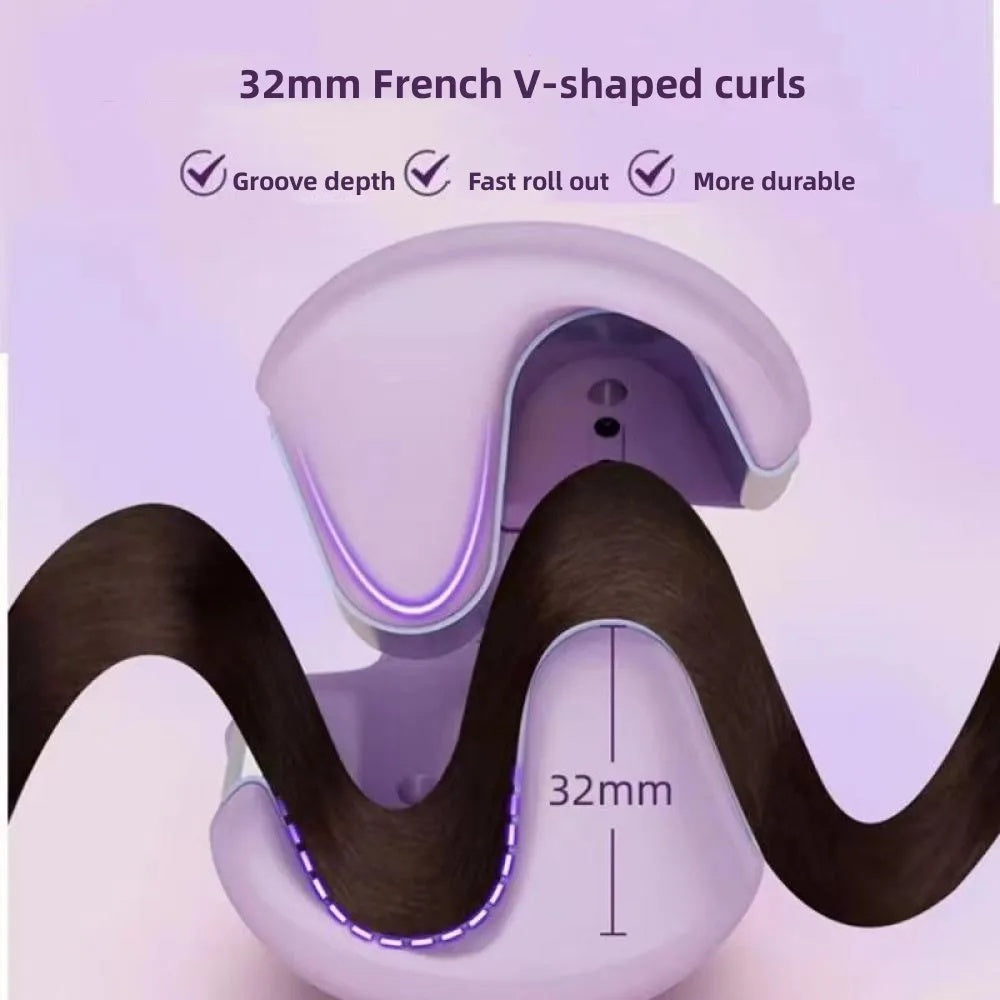 Hair curling tool with 32mm French V-shaped curls on a purple background