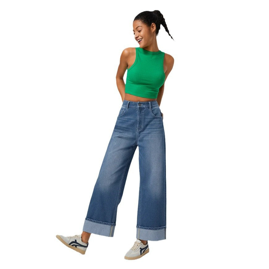 High-waisted Trousers-foot Curling Straight Jeans