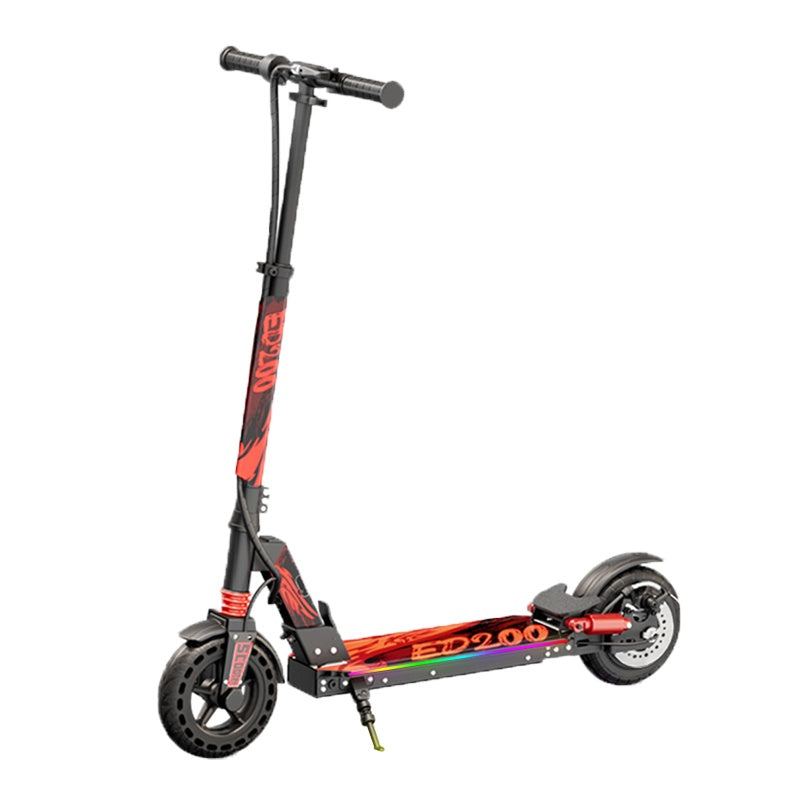Red electric scooter with front disc brake and black deck