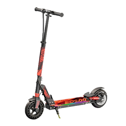 Red electric scooter with front disc brake and black deck