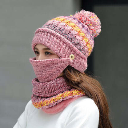 Korean winter knitted hat with pink multicolor pom-pom beanie and matching ribbed neck gaiter