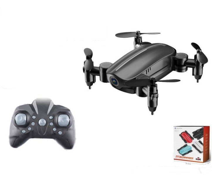 Foldable mini quadcopter drone with dark gray top cover and four black propellers