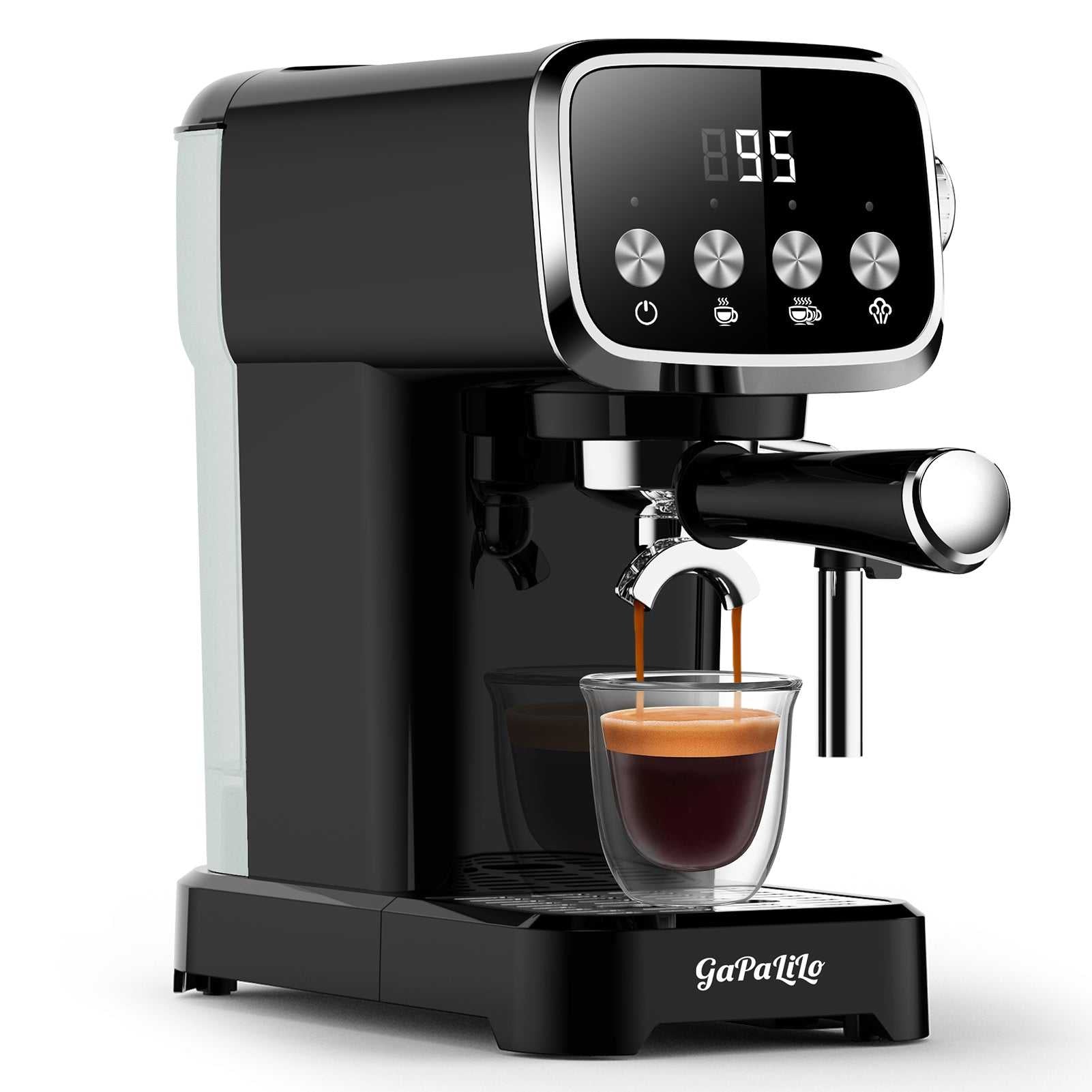 Black espresso machine with stainless accents, milk frother wand, and cup under spout.
