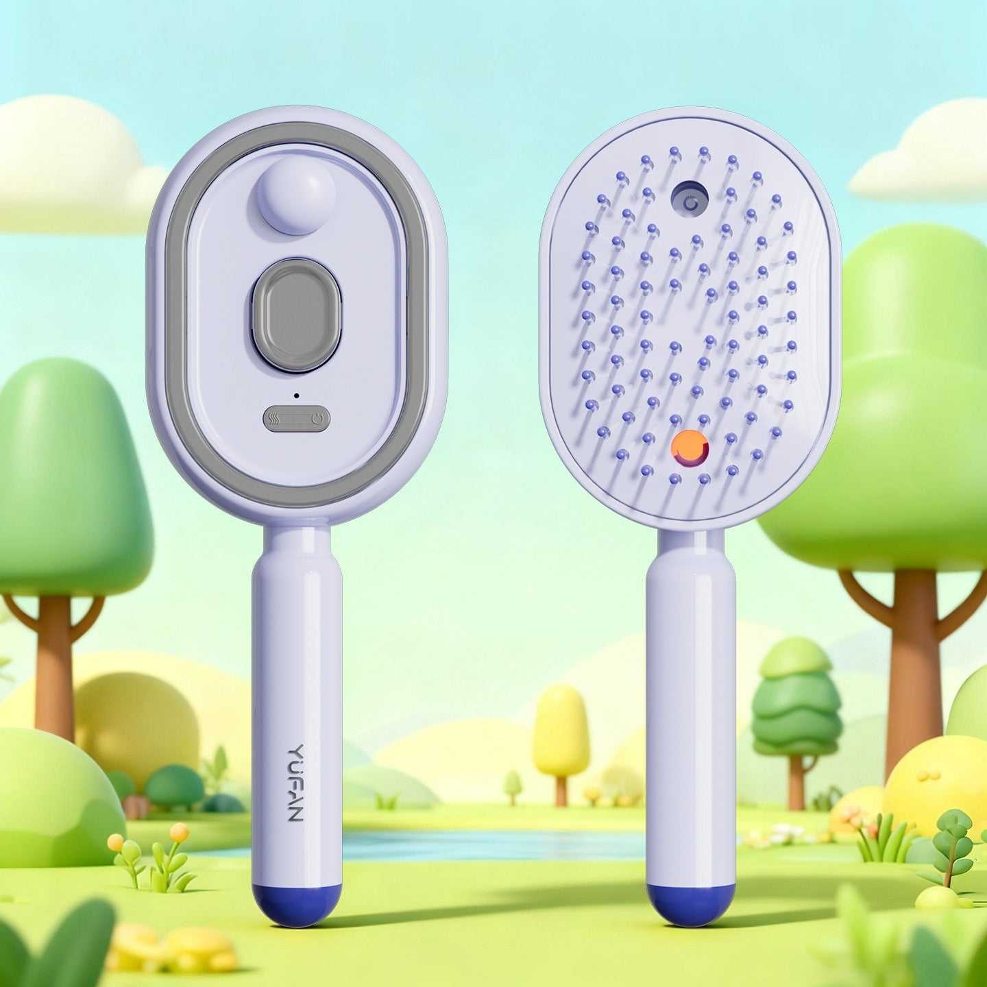 Electric spray massage comb with light purple head, massage bristles, mist sprayer opening