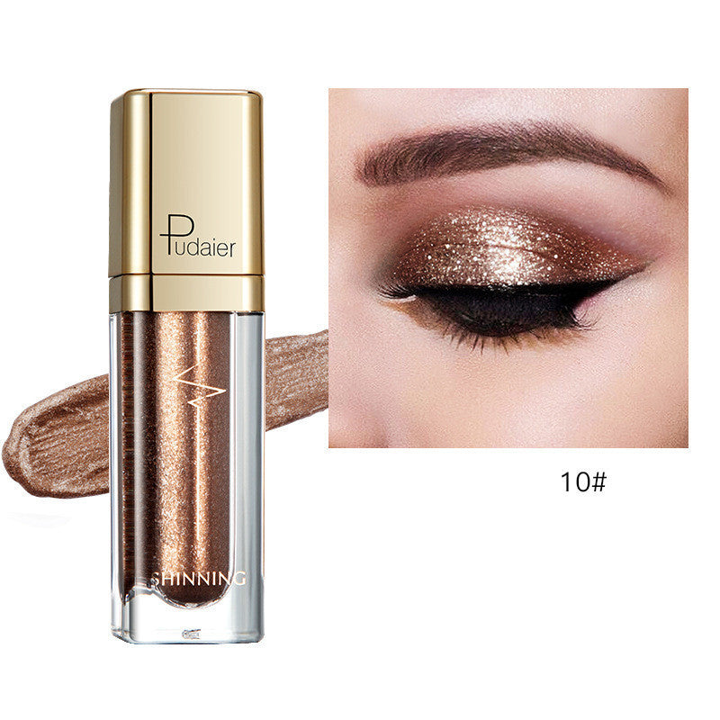 Glitter eyeshadow tube with rose-gold shimmer; swatch on eyelid, shade 10#