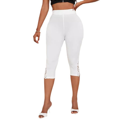 Women's high-waist lace patchwork cropped pants, white, front view with lace-trim cuffs