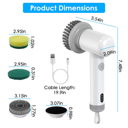 Handheld spin scrubber with removable gray brush head and white handle shown with measurements