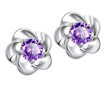 S925 sterling silver Japanese and Korean women's amethyst earrings Crown chrysanthemum dolphins zircon earrings hypoallergenic earrings