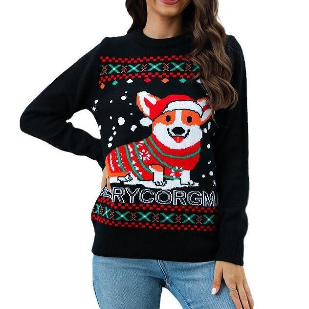 Black Christmas sweater with a corgi design and 'Merry Corgm' text on a white background.