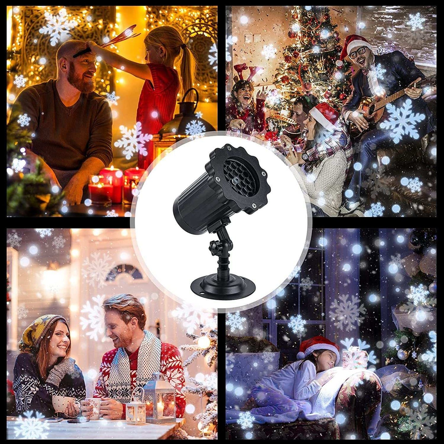 Decorative light projector with festive scenes of people and Christmas trees in the background.