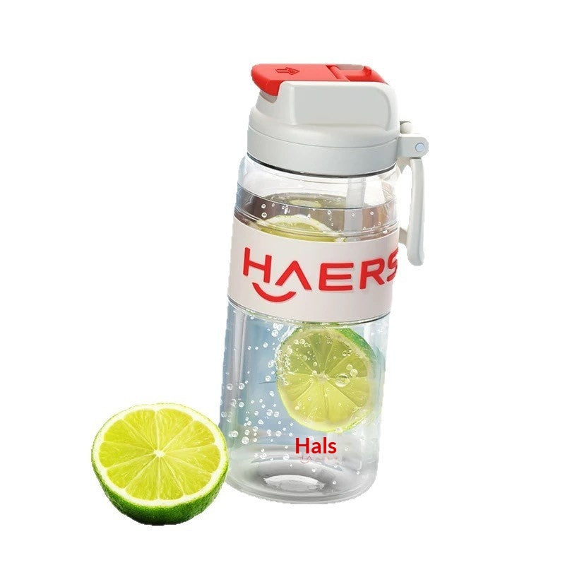Clear water bottle with white base and red flip cap, BPA-free Tritan