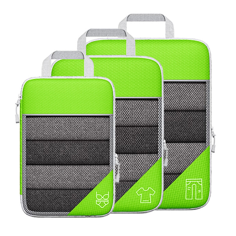 Luggage organizer set with zip compression panels and shoe bag, neon green and gray
