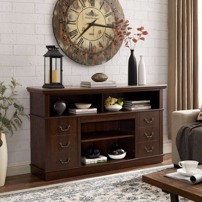 Espresso TV console with four drawers and two center open compartments