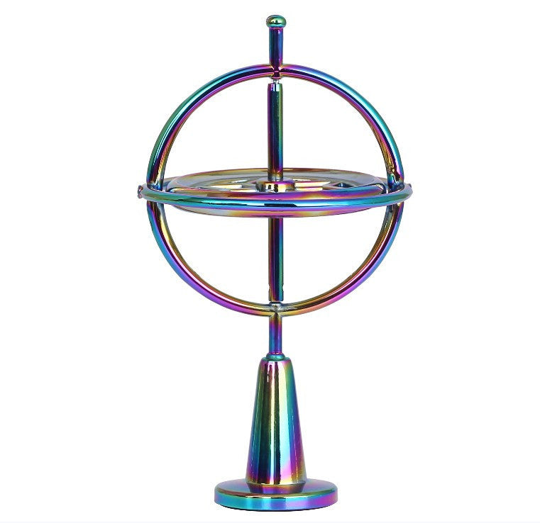 Iridescent self-balancing finger gyroscope with circular frame and base