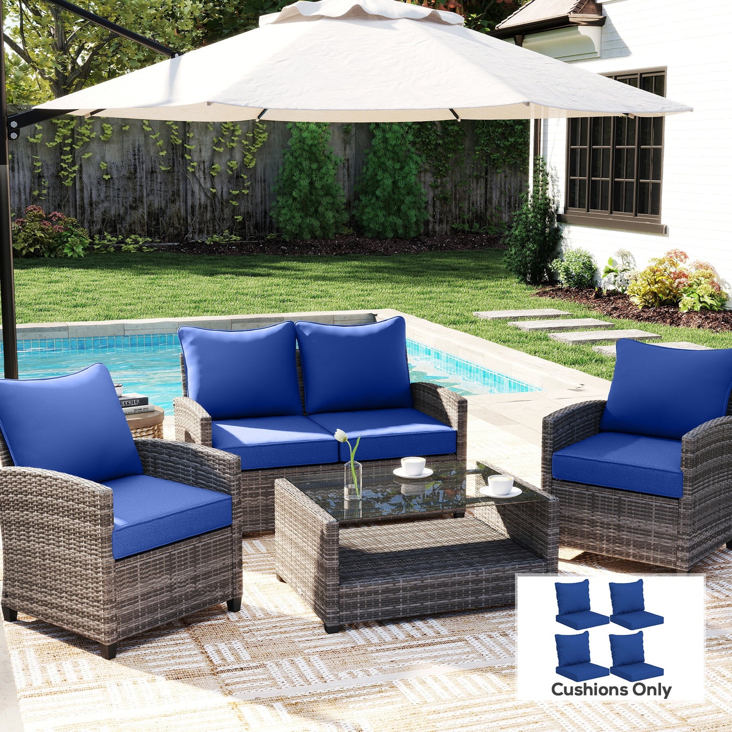 Navy blue patio chair cushion set on outdoor lounge seating with back and seat pads