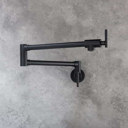 Matte black wall-mount pot filler faucet with folding arm and round control handle