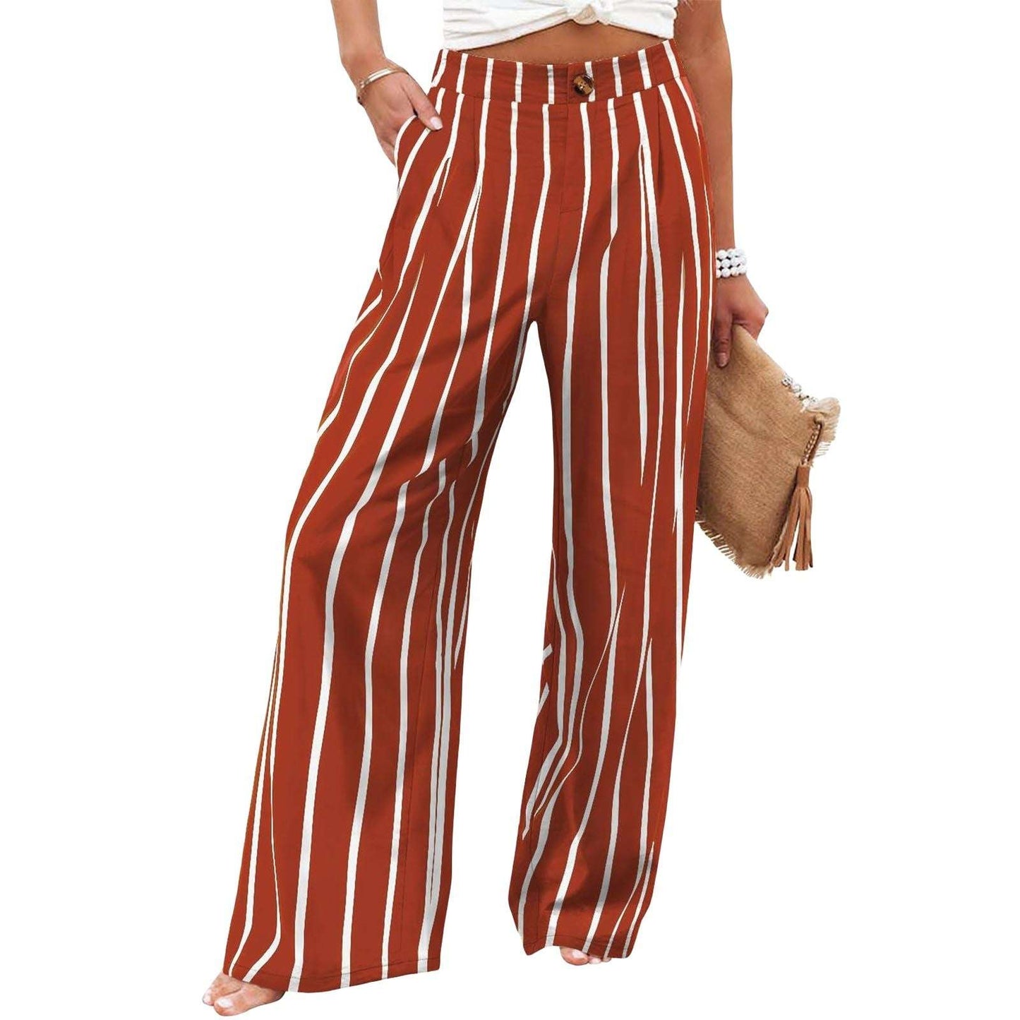 Women's Button Elastic Waist Wide Leg Trousers