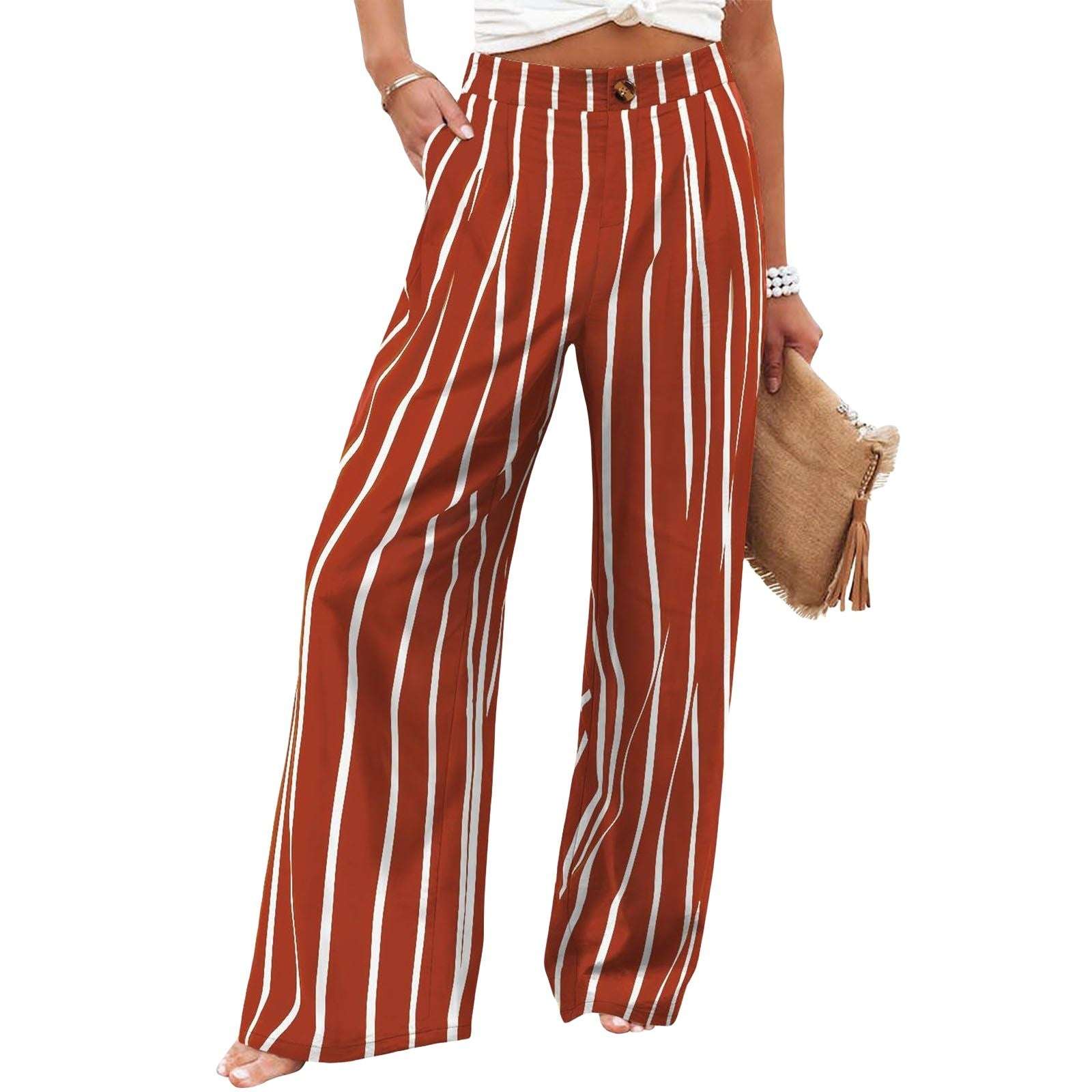 Wide-Leg Trousers with Button Detail – Elegant & Comfortable Fit Women's Button Elastic Waist Wide Leg Tr | Ectron Online