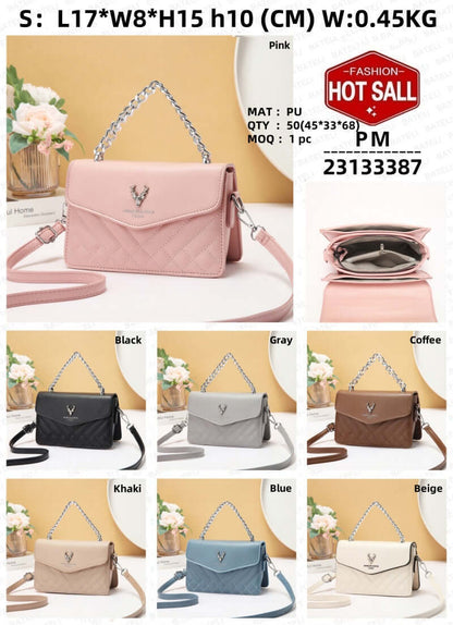 Quilted mini crossbody bag set shown on color display, featuring pink bag and options.