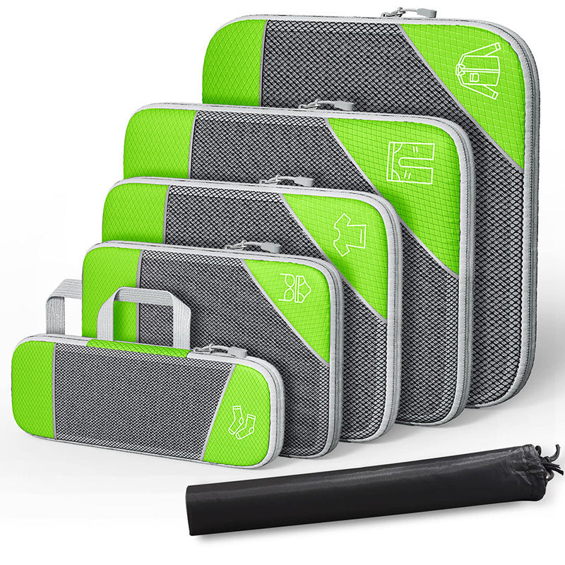 Luggage organizer set with zipper compression bags and shoe bag, green and gray with icons