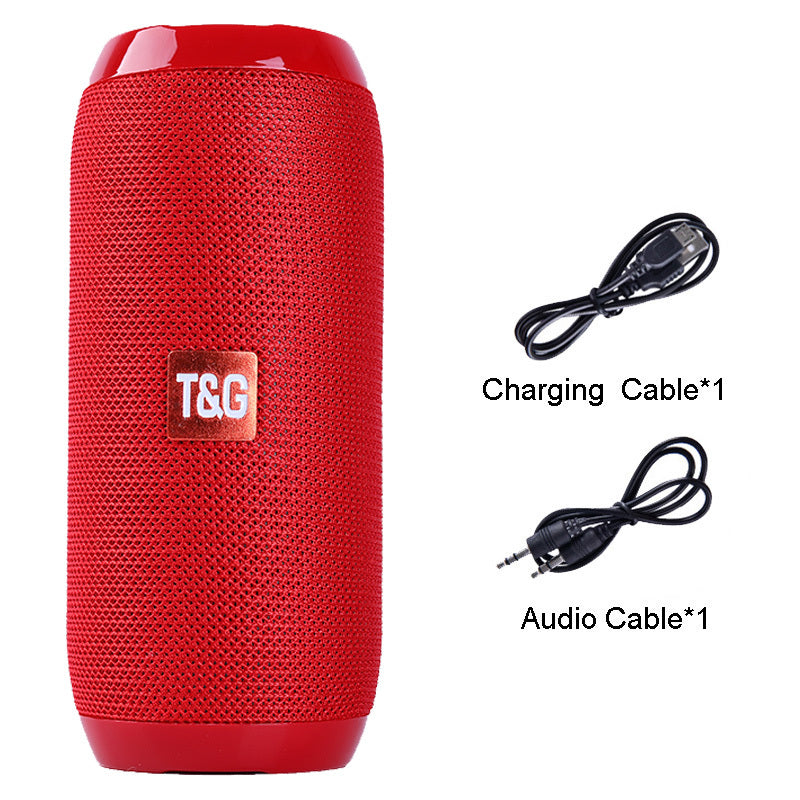 Bluetooth speaker, red mesh cylinder with T&G logo, shown with charging and audio cables.