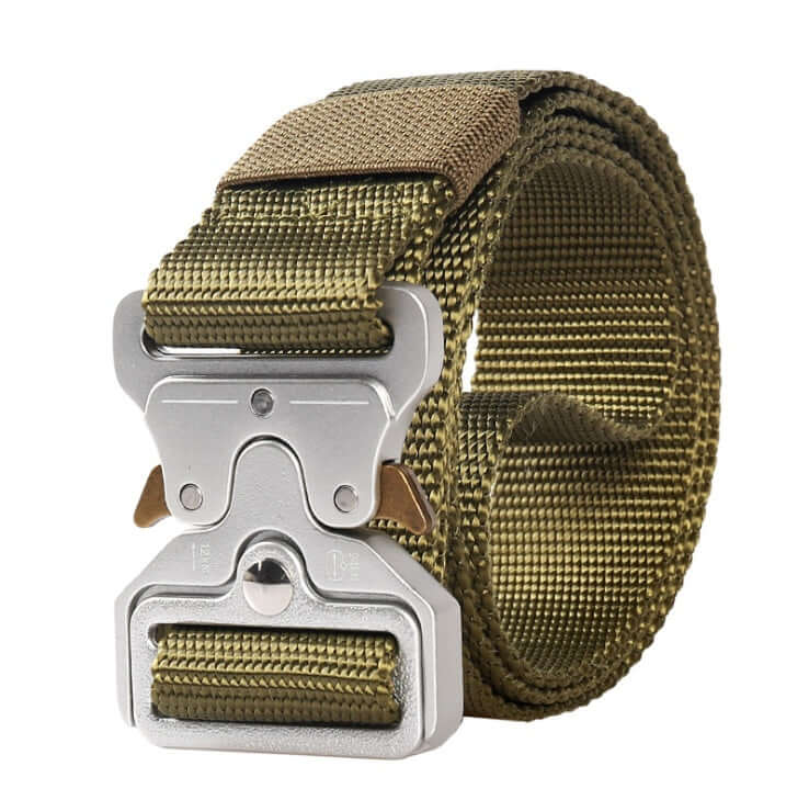 Olive tactical belt with alloy buckle and textured woven webbing