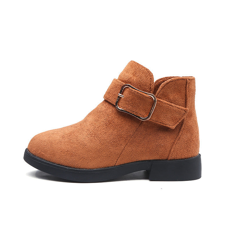 Suede leather ankle boot with buckle strap and low block heel, tan brown.