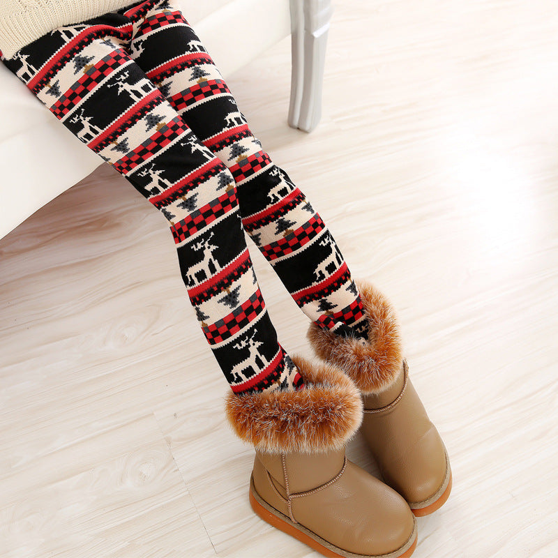 Girls warm leggings, black red and white plaid pattern, furry ankle cuffs