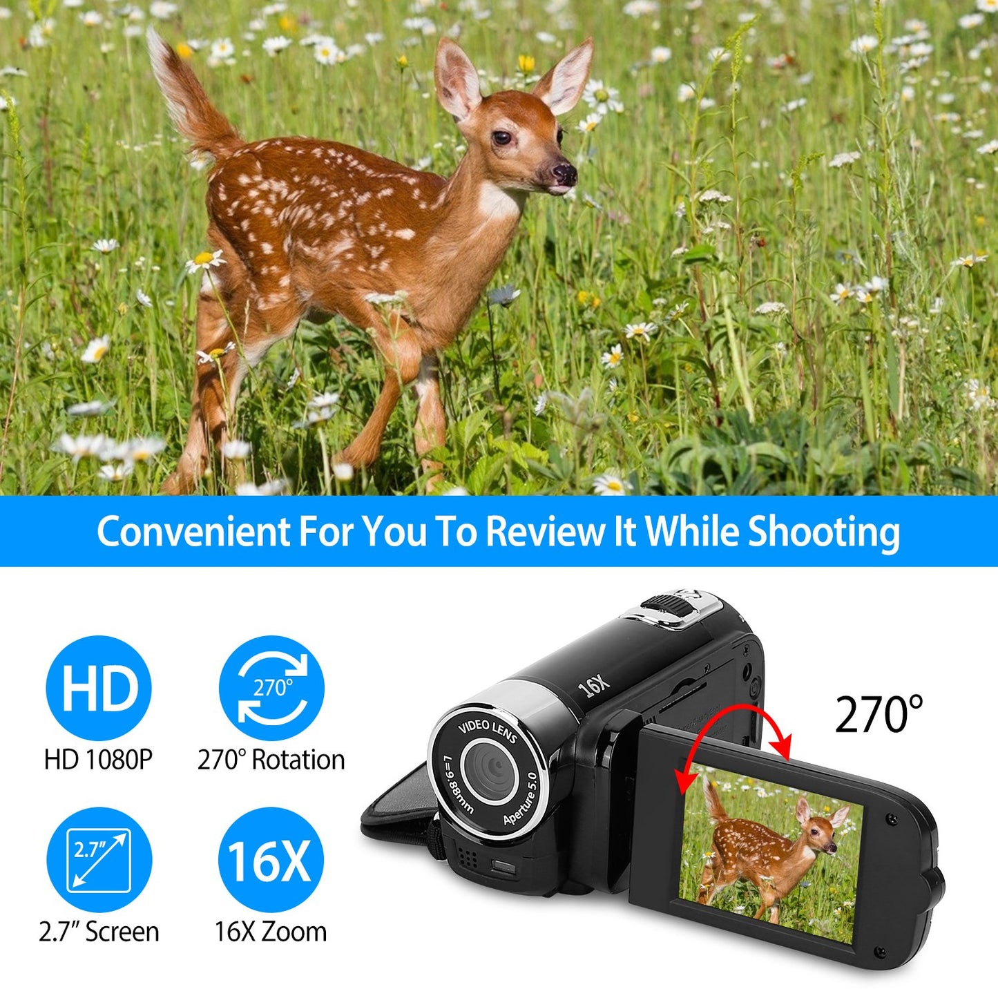 HD 1080P Digital Video Camcorder | 16X Zoom Camera with 270° Screen