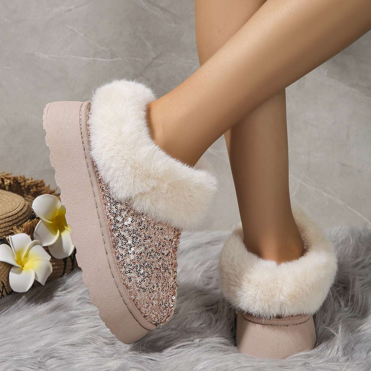 Fashion Sequined Plush Shoes – Thick Sole Warm Winter Slippers Fashion Sequined Thick-soled Plush Shoes | Ectron Online