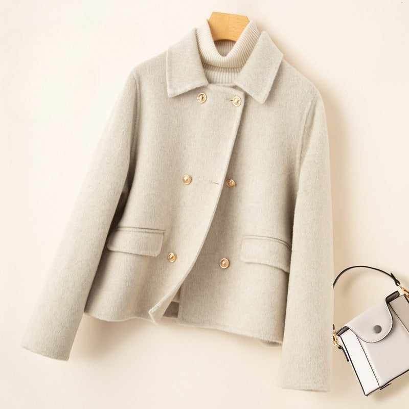 Short double-sided wool overcoat, milky white with gold buttons and lapel collar