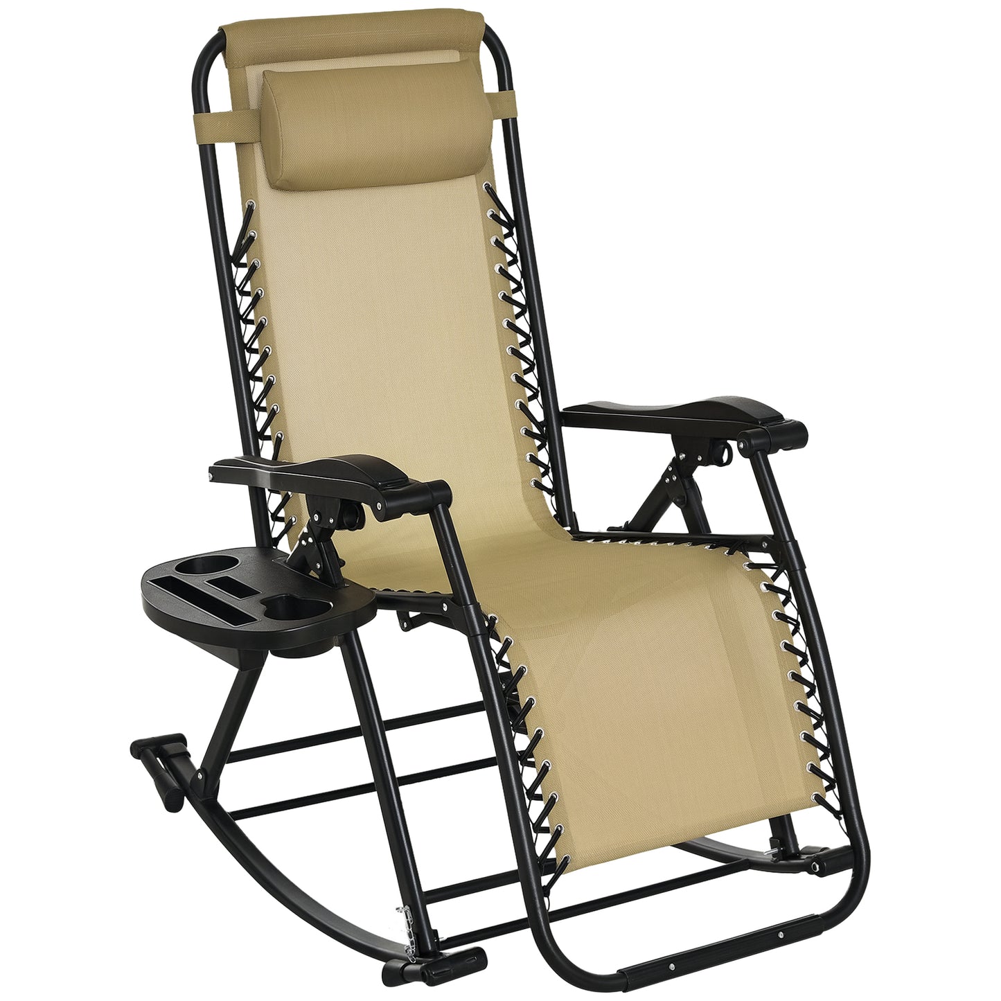 Foldable Zero Gravity Rocking Chair with Cup Holder & Pillow - Beige