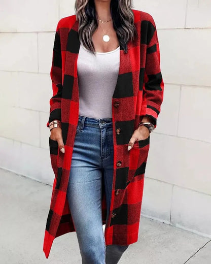 New Women's Loose Plaid Button Pocket Woolen Coat Cardigan