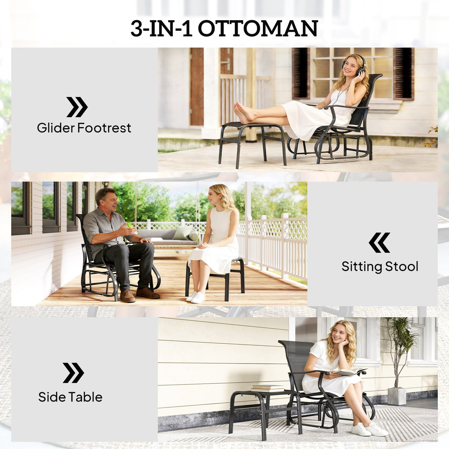 Outdoor Glider Chair with Ottoman | High Back & Wide Seat - Black