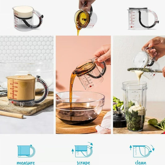 Multifunctional measuring cup with various uses including measuring, scraping, and cleaning.