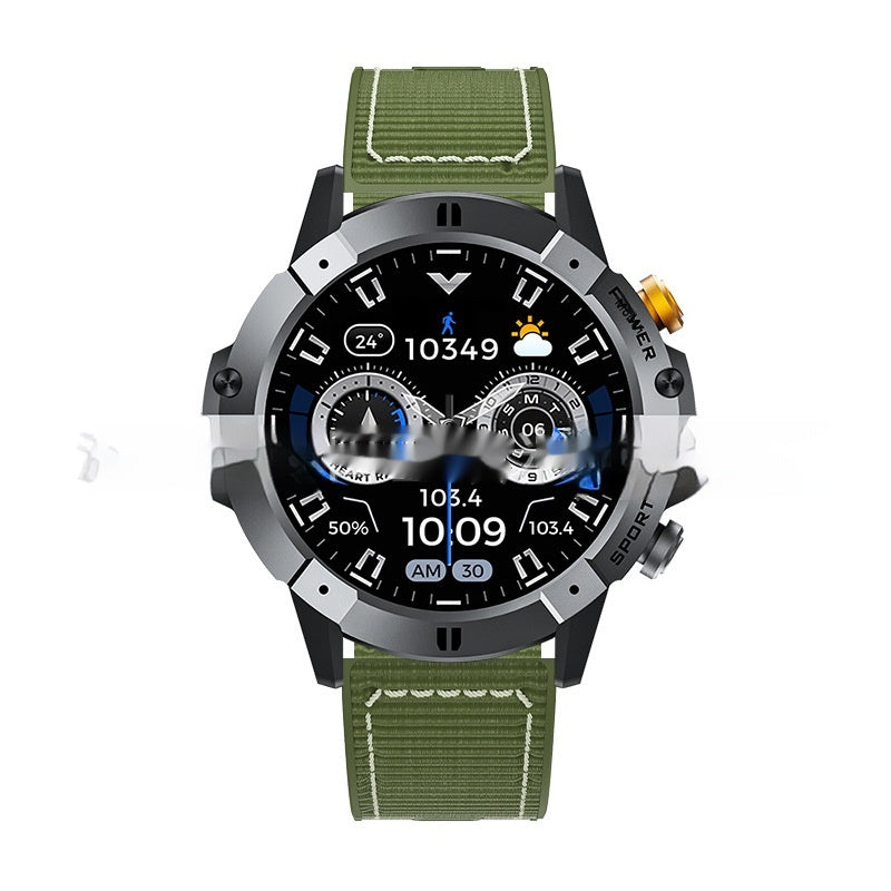 Bluetooth calling smartwatch with dark case and olive fabric band