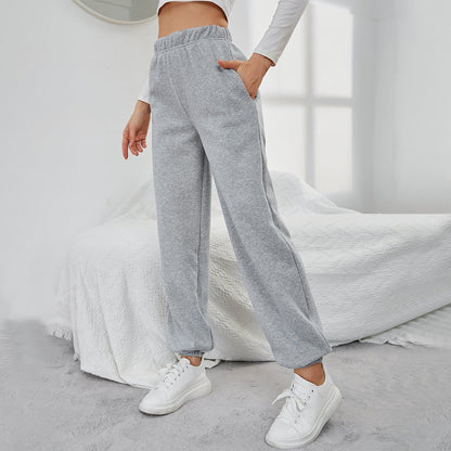 Gray fleece-lined straight casual pants with gathered waistband and wide legs