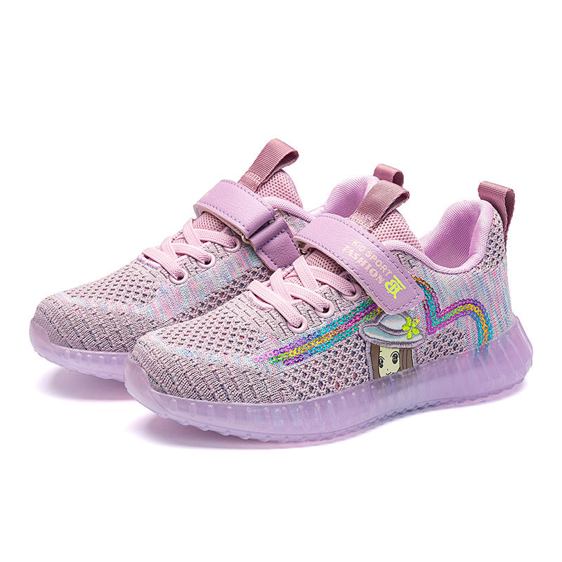 Kids knit sneakers in light purple-pink with rainbow trim, lace-up, cushioned sole