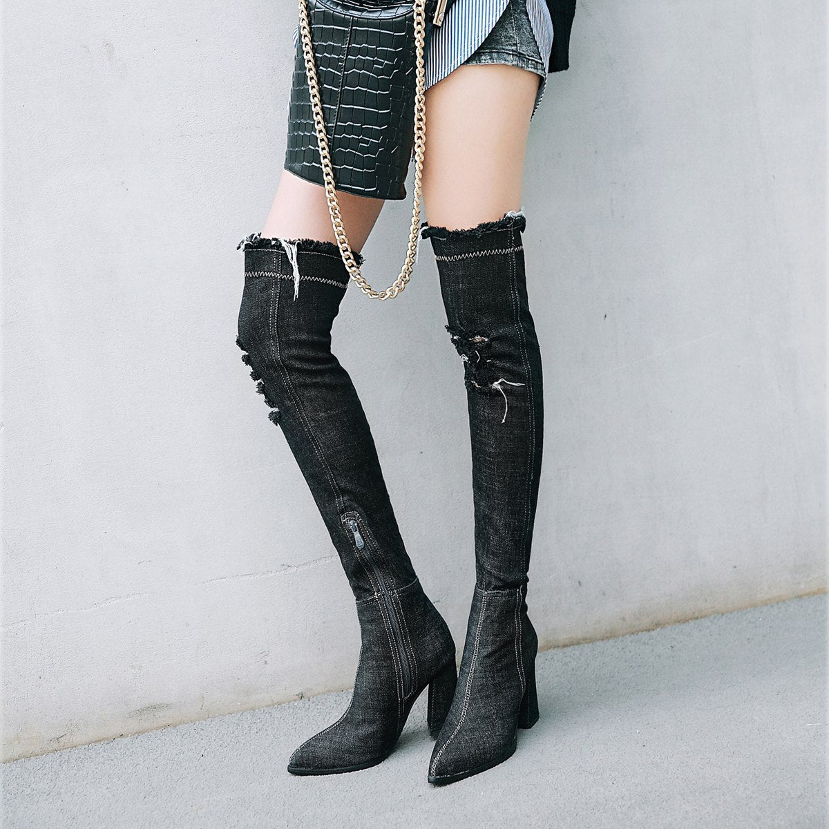 Denim pointed toe women's boots